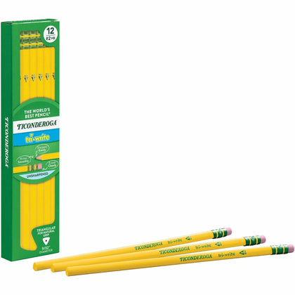Ticonderoga Tri-Write Pencils: Black Lead 2HB Yellow Barrel - 12/Box - Pencils