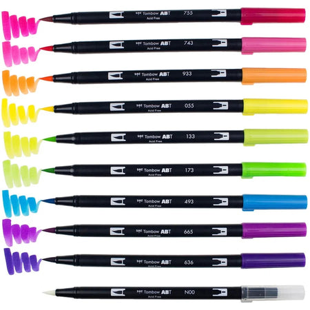Tombow Dual Brush Pen Set - Vibrant Water-Based Inks - 10 Colors - Art Markers