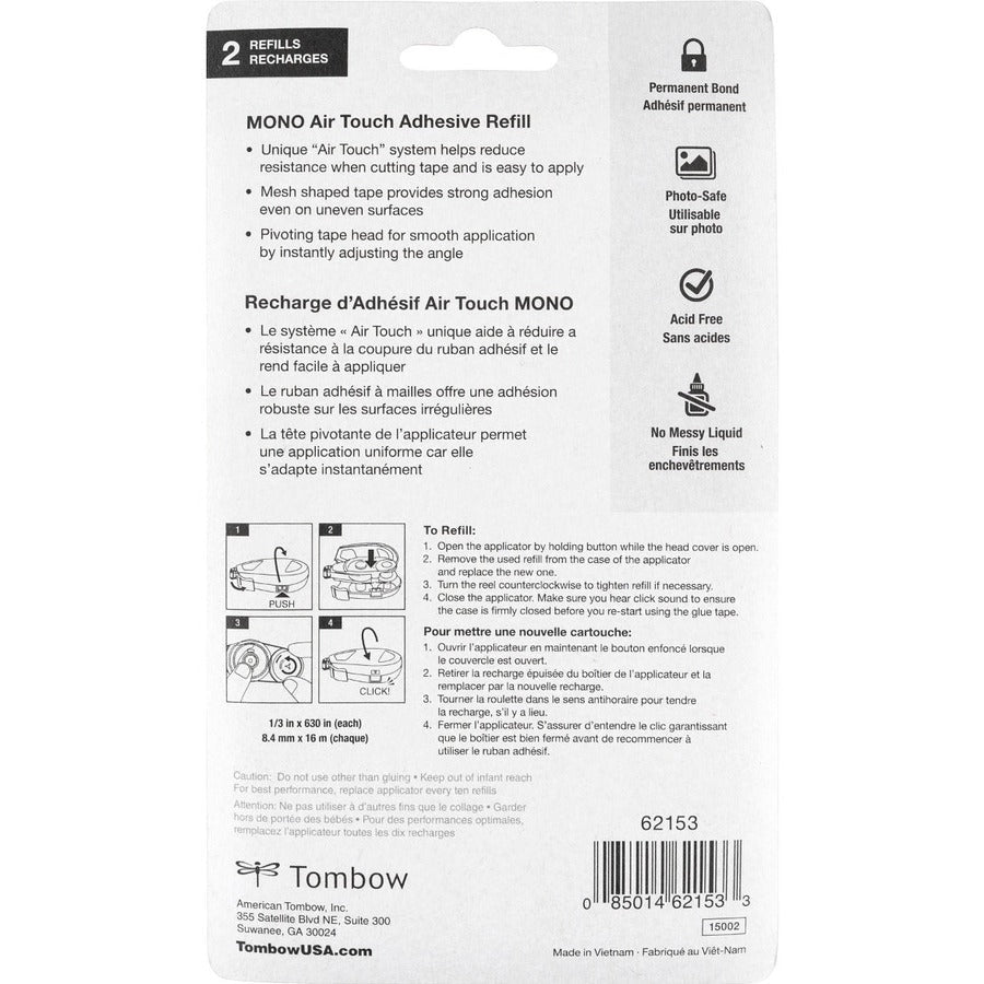 Tombow Refill 2-Pack MONO Air Touch Adhesive - 17.50 yd Length x 0.33’’ Width - White - 2 / Pack - Double-Sided Tape