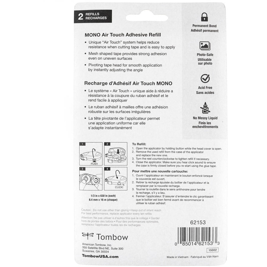 Tombow Refill 2-Pack MONO Air Touch Adhesive - 17.50 yd Length x 0.33’’ Width - White - 2 / Pack - Double-Sided Tape