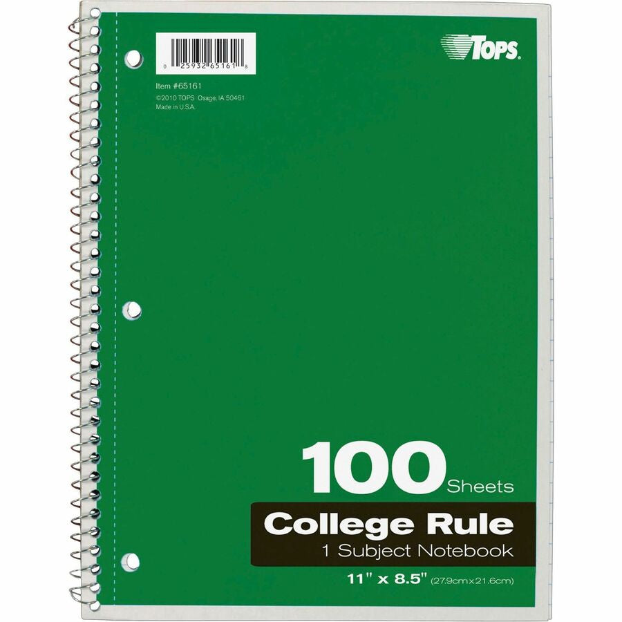 TOPS 1 - subject College - ruled Notebook - Letter - 100 Sheets - Wire Bound - 8 1/2’’ x 11’’ Sheet Size - Notebooks