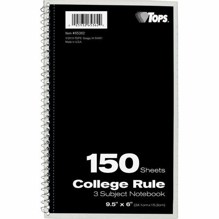 TOPS 3-subject College Ruled Notebook - 150 Sheets - Wire Bound - 9 1/2’’ x 6’’ Sheet Size - Notebooks