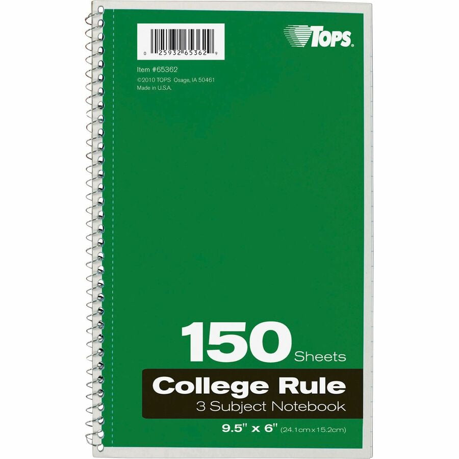 TOPS 3-subject College Ruled Notebook - 150 Sheets - Wire Bound - 9 1/2’’ x 6’’ Sheet Size - Notebooks