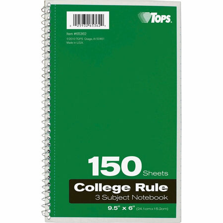 TOPS 3-subject College Ruled Notebook - 150 Sheets - Wire Bound - 9 1/2’’ x 6’’ Sheet Size - Notebooks
