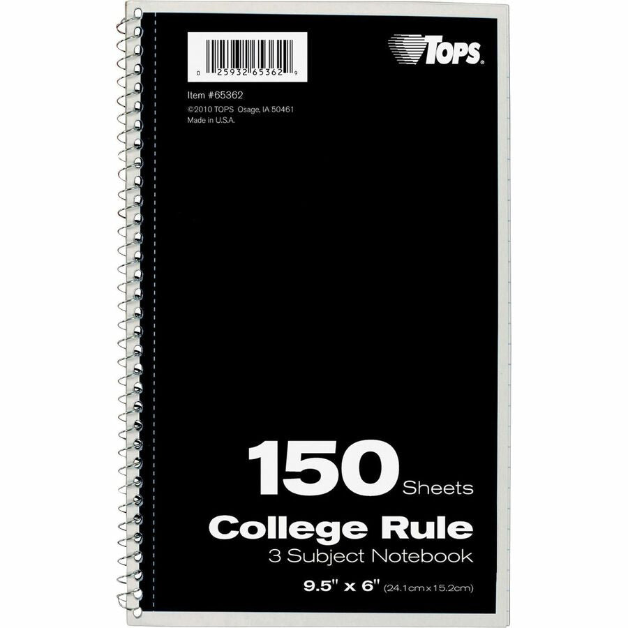 TOPS 3-subject College Ruled Notebook - 150 Sheets - Wire Bound - 9 1/2’’ x 6’’ Sheet Size - Notebooks