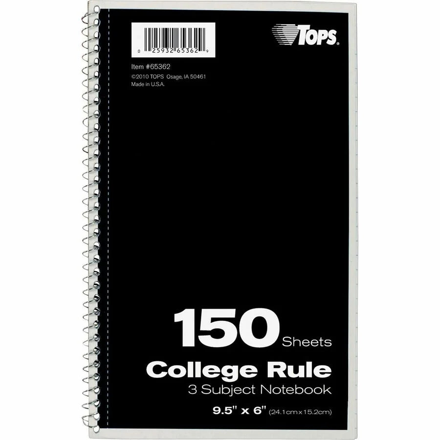 TOPS 3-Subject College Ruled Notebook - 150 Sheets - Wire Bound - Bright White Paper - Notebooks