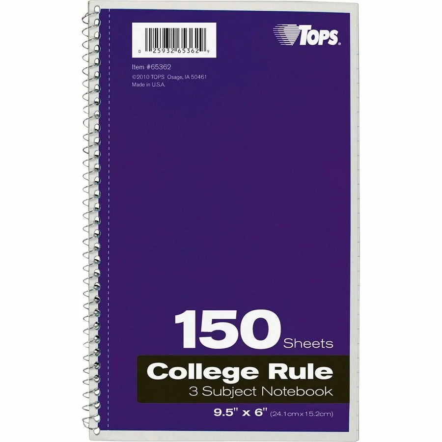 TOPS 3-Subject College Ruled Notebook - 150 Sheets - Wire Bound - Bright White Paper - Notebooks
