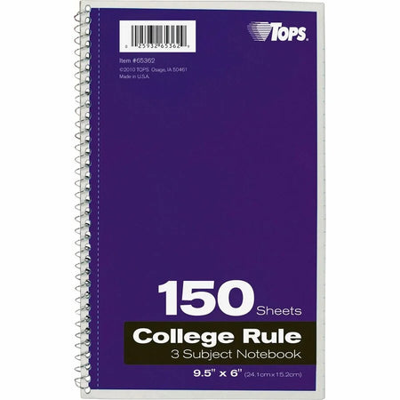 TOPS 3-Subject College Ruled Notebook - 150 Sheets - Wire Bound - Bright White Paper - Notebooks