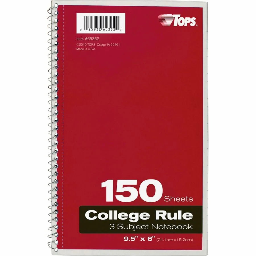 TOPS 3-Subject College Ruled Notebook - 150 Sheets - Wire Bound - Bright White Paper - Notebooks