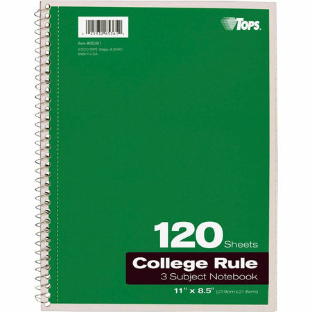 TOPS 3 - subject College Ruled Notebook - Letter - 120 Sheets - Wire Bound - 8 1/2’’ x 11’’ Sheet Size - Notebooks
