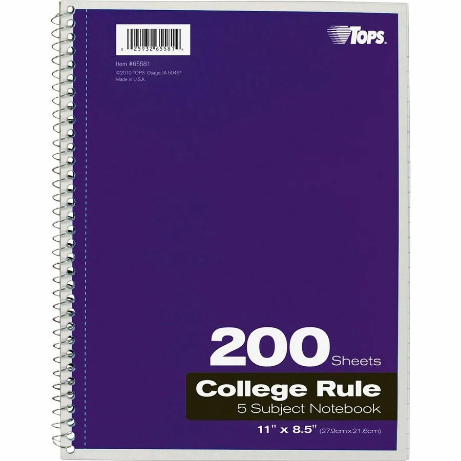 TOPS 5-Subject College-Ruled Notebooks - 200 Sheets - Wire Bound - Assorted Colors