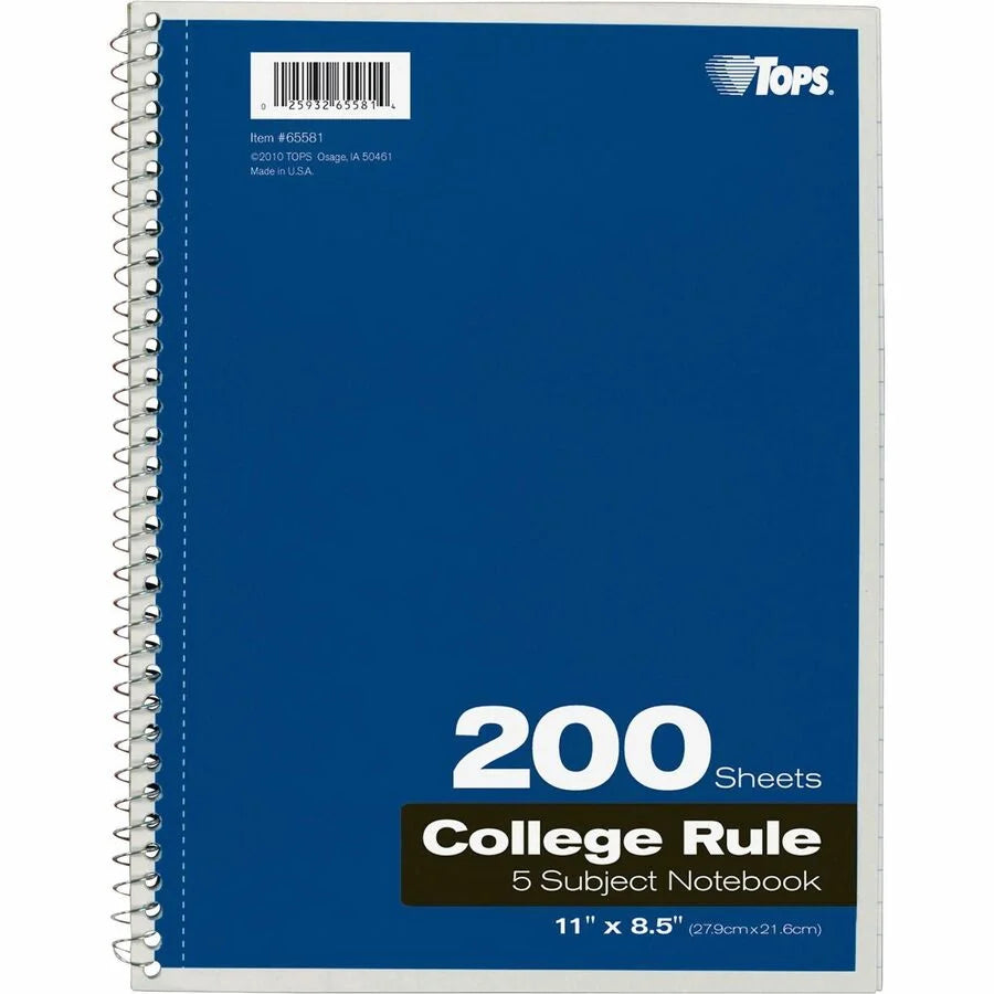 TOPS 5-Subject College-Ruled Notebooks - 200 Sheets - Wire Bound - Assorted Colors