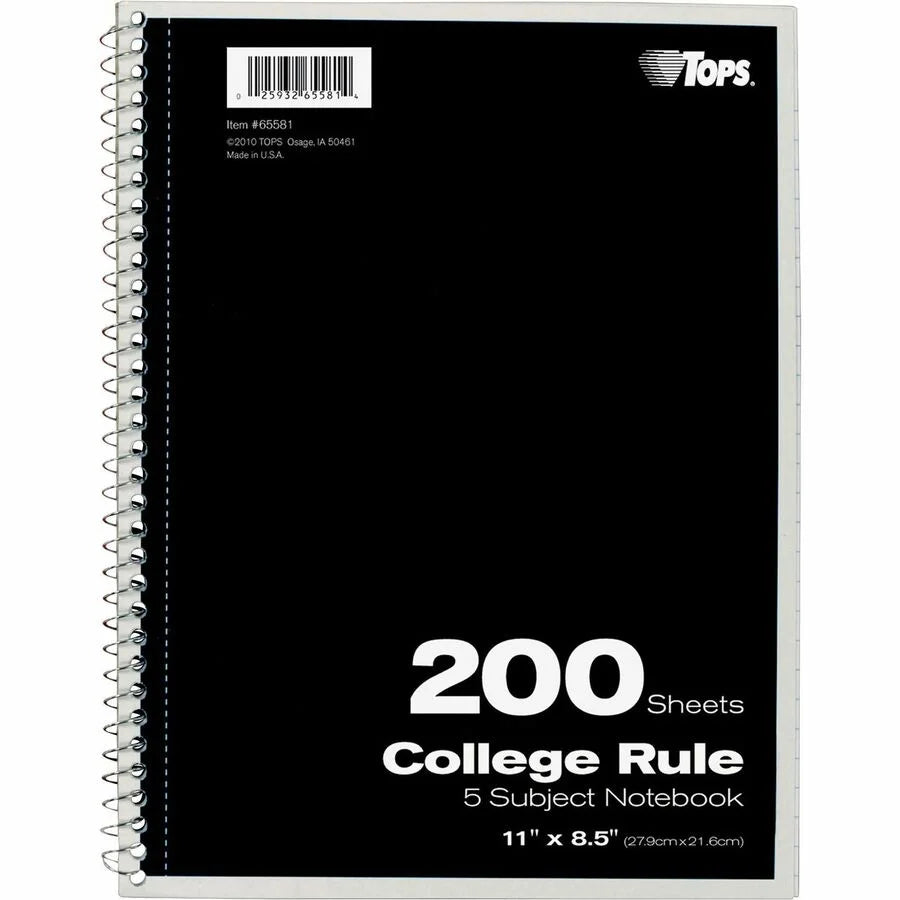 TOPS 5-Subject College-Ruled Notebooks - 200 Sheets - Wire Bound - Assorted Colors