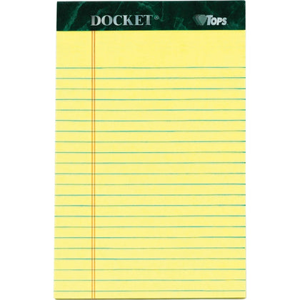 TOPS Jr. Legal Rule Docket Writing Pads - 50 Sheets - 5’’ x 8’’ - Canary Paper - Hard Cover - 12/Pack - Letter &