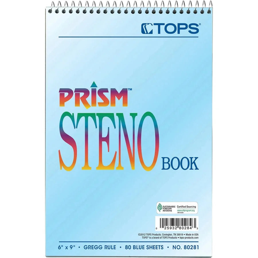 TOPS Prism Steno Books: 80-Sheet Wire Bound Gregg Ruled Margin 6’’ x 9’’ Blue Paper - 4/Pack - Notebooks