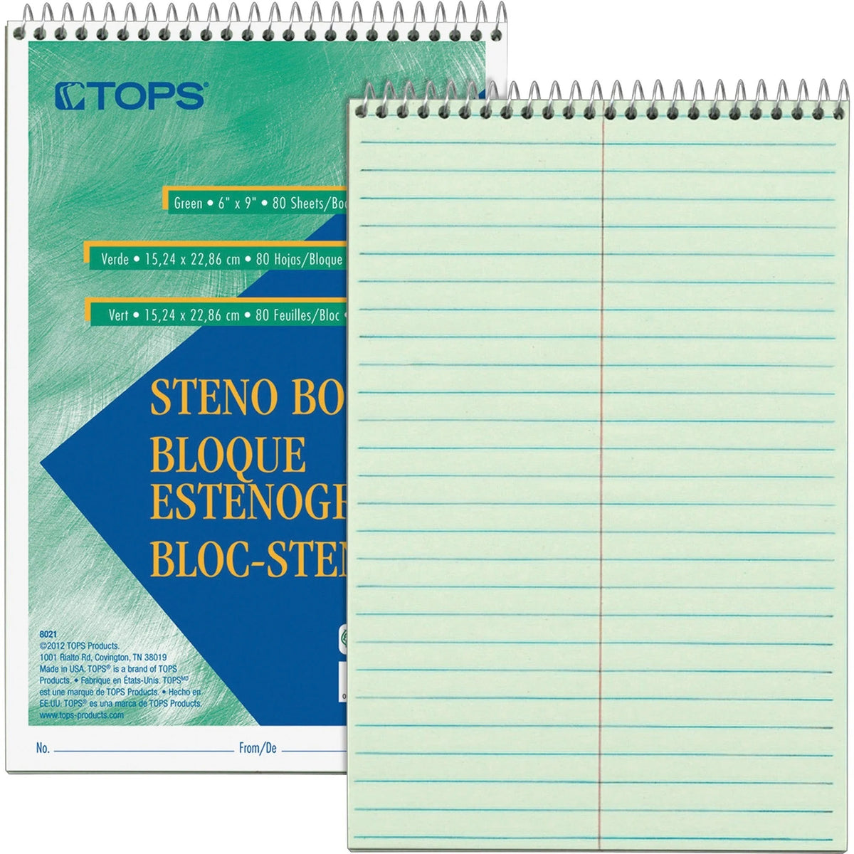 TOPS Steno Book: 80 Sheets Wire Bound Gregg Ruled Margin - Green Tint Paper - Notebooks
