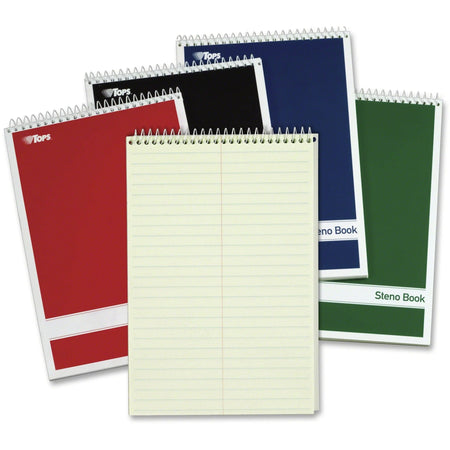 TOPS Steno Book - Gregg-Ruled Wire Bound - 80 Sheets - 6’’ x 9’’ - Green Tint Paper - Durable Cover - 4/Pack - Notebooks