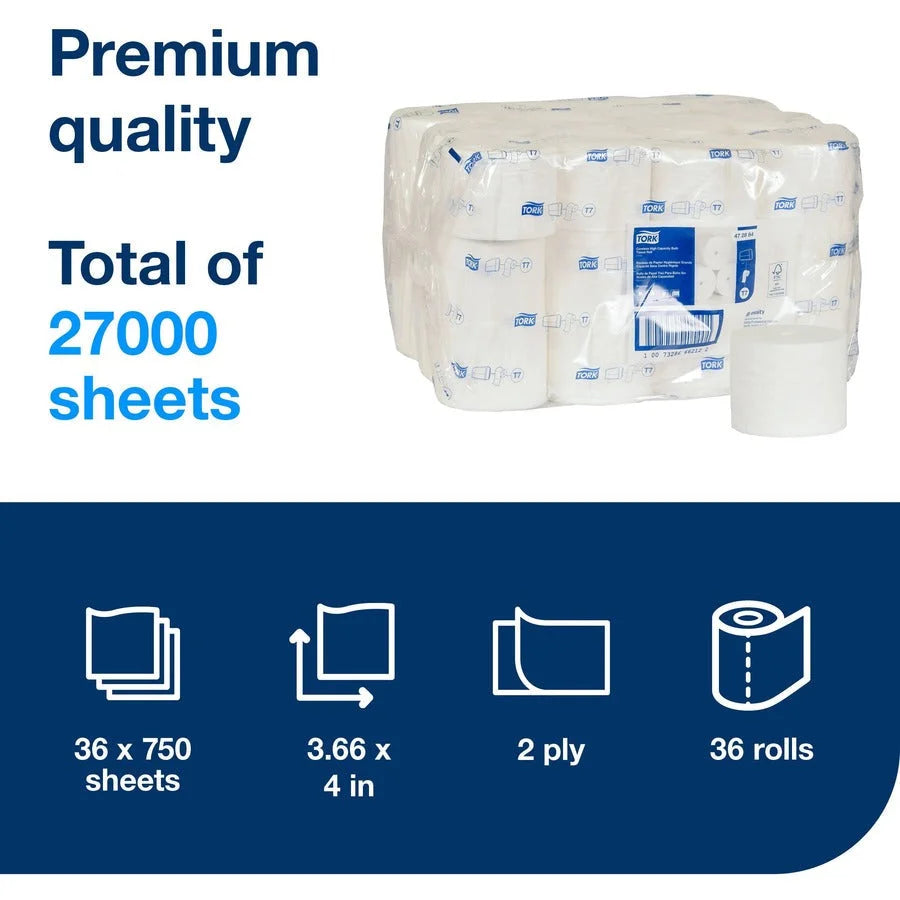 TORK Coreless High-Capacity Toilet Paper: 2-Ply 750 Sheets White - Bathroom Tissue