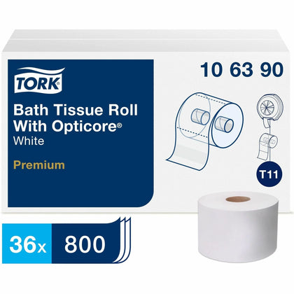 TORK Premium Bath Tissue Roll: OptiCore 2-Ply 800 Sheets - White Paper - Bathroom