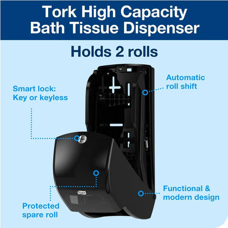 TORK Twin Toilet Paper Roll Dispenser Black T26 - 14.2’’ Height x 6.3’’ Width 6.5’’ Depth - Plastic - Bathroom Tissue