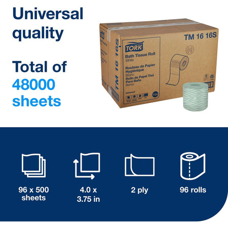 TORK Toilet Paper Roll White T24 - 2 Ply - 4’’ Width x 156.25 ft Length - 500 Sheets/Roll - 4.40’’ Diameter - Bathroom