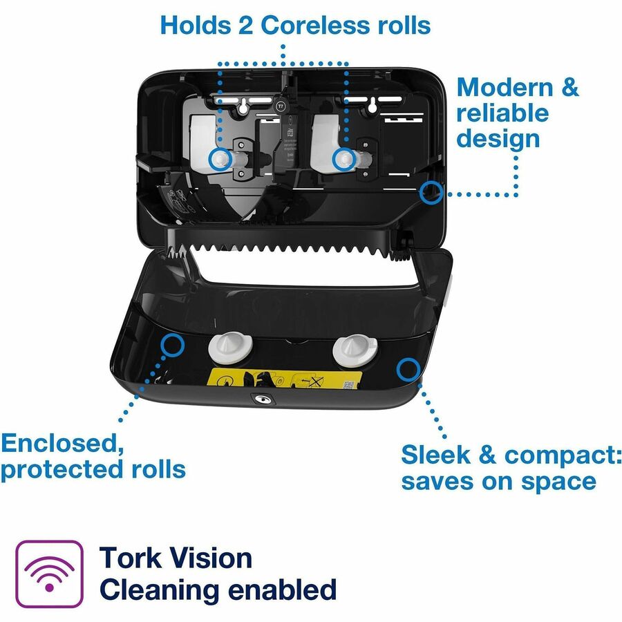 TORK Twin Bath Tissue Roll Dispenser Black T7 - Coreless - 8.2’’ Height x 14.2’’ Width 5.1’’ Depth - Plastic - Bathroom