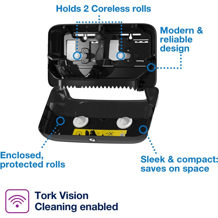 TORK Twin Bath Tissue Roll Dispenser Black T7 - Coreless - 8.2’’ Height x 14.2’’ Width 5.1’’ Depth - Plastic - Bathroom