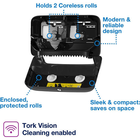 TORK Twin Bath Tissue Roll Dispenser Black T7 - Coreless - 8.2’’ Height x 14.2’’ Width 5.1’’ Depth - Plastic - Bathroom