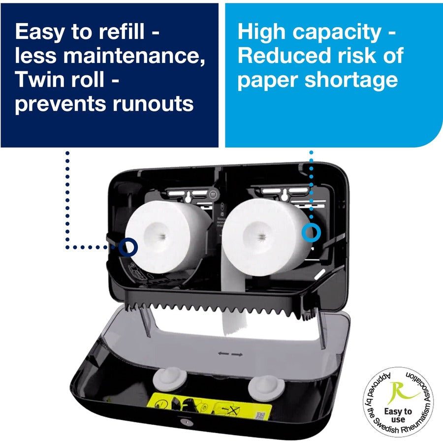 TORK Twin Bath Tissue Roll Dispenser Black T7 - Coreless - 8.2’’ Height x 14.2’’ Width 5.1’’ Depth - Plastic - Bathroom