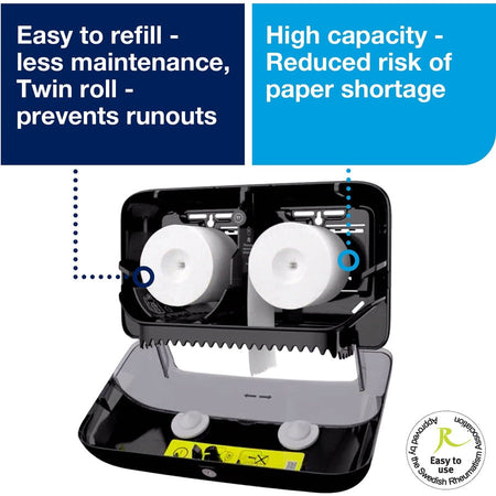 TORK Twin Bath Tissue Roll Dispenser Black T7 - Coreless - 8.2’’ Height x 14.2’’ Width 5.1’’ Depth - Plastic - Bathroom