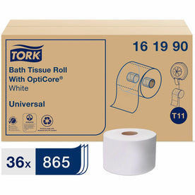 TORK Universal Bath Tissue Roll: OptiCore 2-Ply 865 Sheets - White Paper - Bathroom
