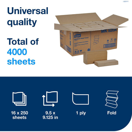 TORK Universal Hand Towel Multifold - 1 Ply - 11’’ Width x 63 ft Length - Natural - 250/Pack - 16 / Carton - Paper