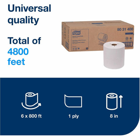TORK Universal Hand Towel Roll - 1 Ply - 8’’ Width x 800 ft Length - 7.80’’ Diameter - 29/32’’ Core - Natural White