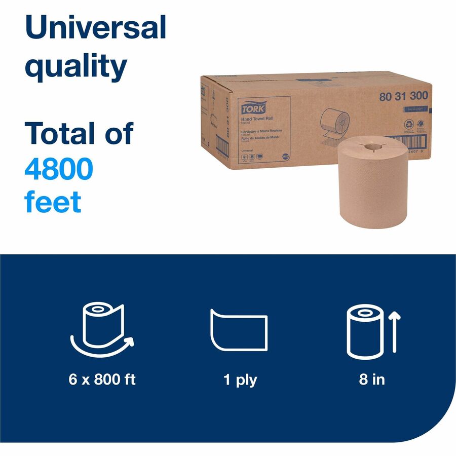 TORK Universal Hand Towel Roll - 1 Ply - 8’’ Width x 800 ft Length - 7.80’’ Diameter - 29/32’’ Core - Natural - Paper