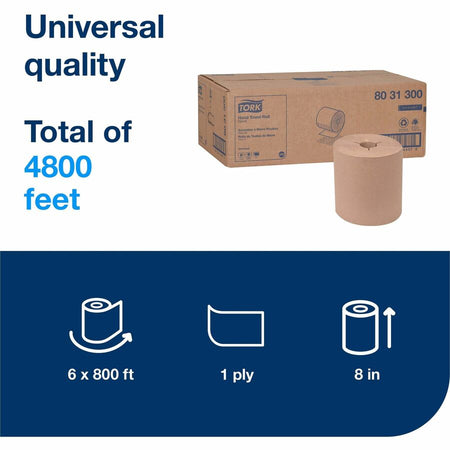 TORK Universal Hand Towel Roll - 1 Ply - 8’’ Width x 800 ft Length - 7.80’’ Diameter - 29/32’’ Core - Natural - Paper