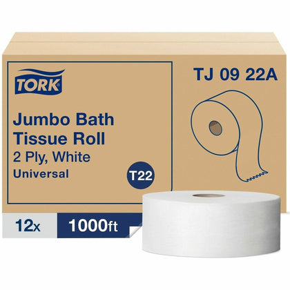 TORK Universal Jumbo Bath Tissue Roll: 2-Ply 1000 ft Length - White Paper - 12/Carton - Bathroom