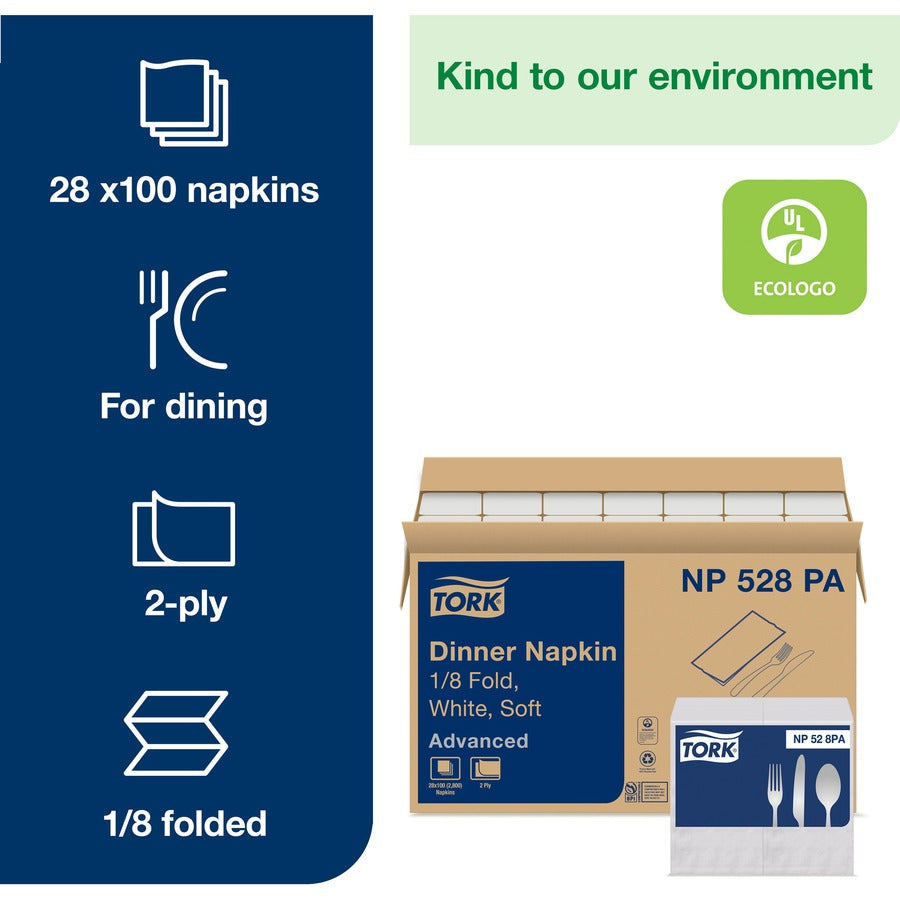 TORK White Soft Dinner Napkin - 1/8 Fold - 2 Ply - Tall - 16.75’’ Width x 15’’ Length - 100/Pack - 28 / Carton - Napkins