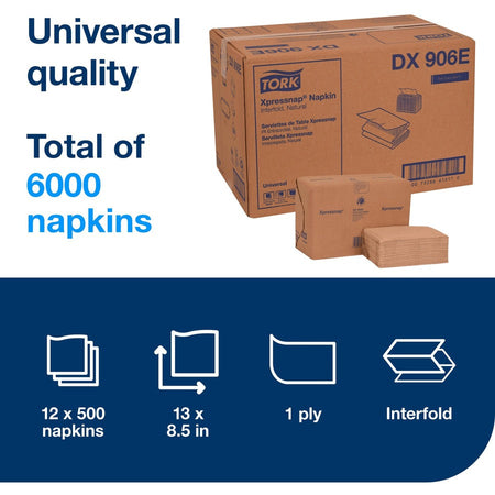 TORK Xpressnap Natural Dispenser Napkin N4 - 1 Ply - Interfolded - 8.50’’ Width x 13’’ Length - Paper - 500 / Pack - 12