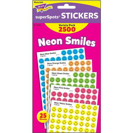 Trend Neon Smiles Stickers Variety Pack - 2500 Smilies - Acid-free Non-toxic - 5 Colors - 2500/Pack
