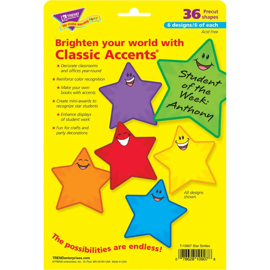 Trend Smiling Stars Accents: 36 Smiley Star Shape Precuts - Bulletin Board Sets & Trim