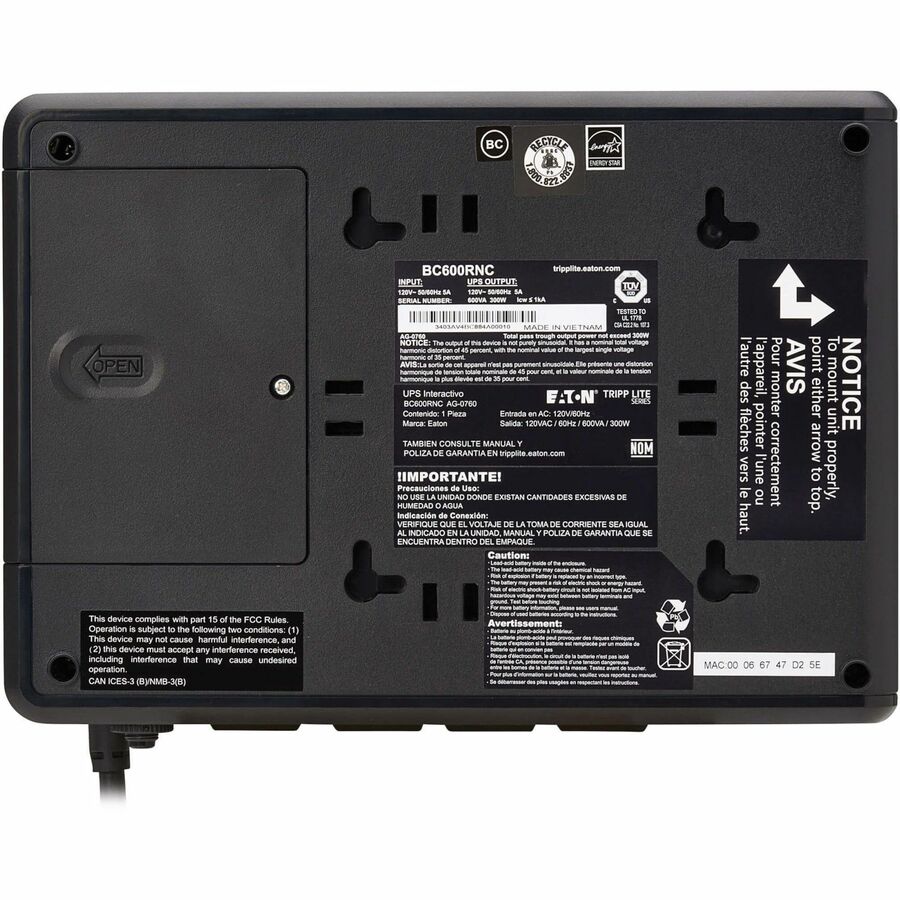 Tripp Lite series BC600RNC 600VA Desktop/Surface/Wall Mountable UPS - Bottom