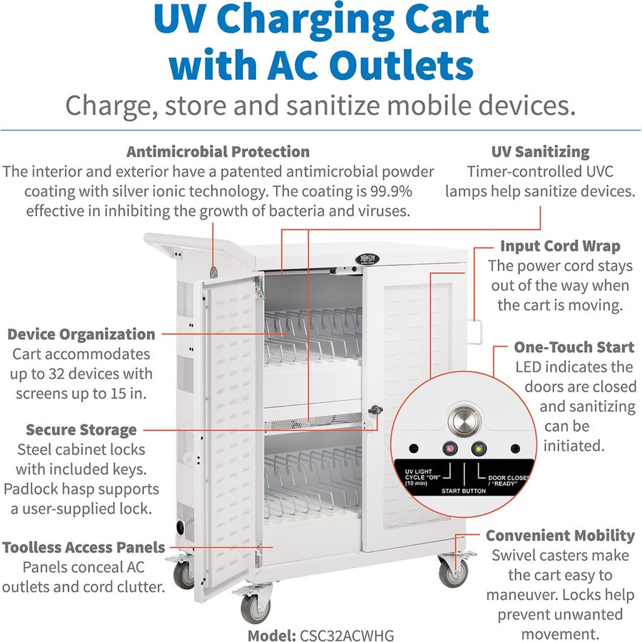 Tripp Lite series CSC32ACWHG Hospital-Grade 32-Device UV Charging Cart, White - Alternate-Image2