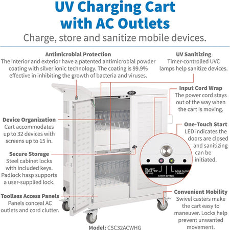 Tripp Lite series CSC32ACWHG Hospital-Grade 32-Device UV Charging Cart, White - Alternate-Image2