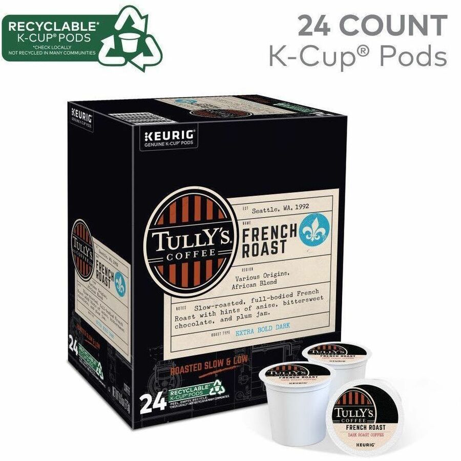 Tully’s K-Cup Pod French Roast Keurig Single-Serve Pods Dark 24 Count - Compatible with Brewer - Regular - Coffee