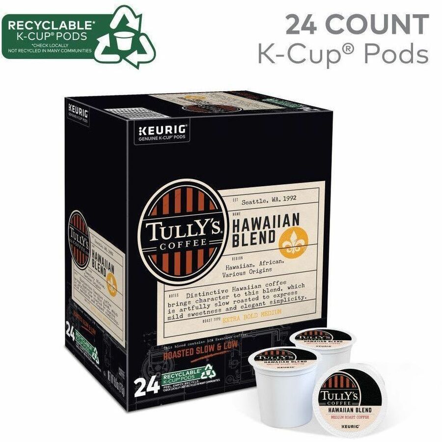 Tully’s K-Cup Pod Hawaiian Blend Keurig Single-Serve Pods Medium Roast Coffee 24 Count