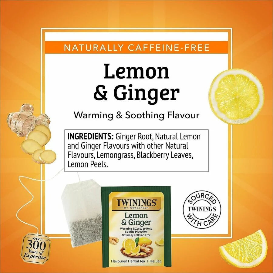 Twinings Lemon & Ginger Herbal Tea Bags - Soothing Blend - 25