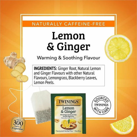 Twinings Lemon & Ginger Herbal Tea Bags - Soothing Blend - 25