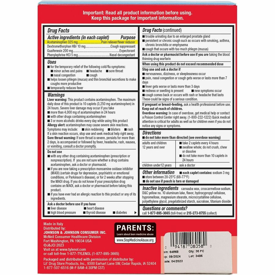 Tylenol Cold & Flu Severe Single-Dose Packets - Rear