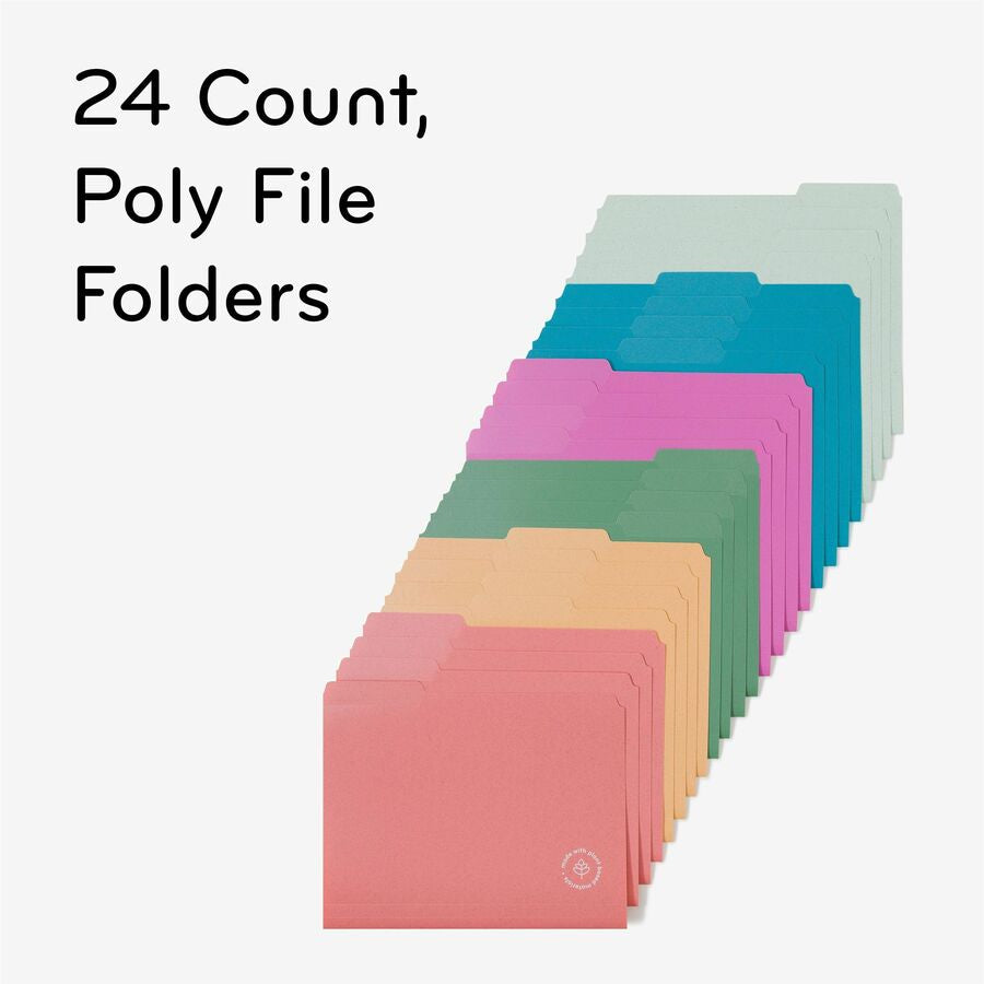 U Brands U-Eco 1/3 Tab Cut Letter File Folders - Eco-Friendly Poly - Assorted Tabs - 24 Pack - Top