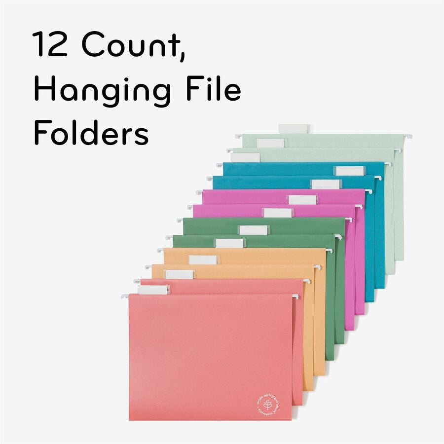 U Brands U-Eco 1/5 Tab Cut Letter Hanging Folder - 8 1/2’’ x 11’’ - Expansion - Poly - Assorted - 0% Recycled - 12